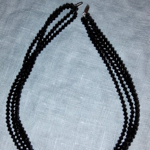 SWAROVSKI BLACK CRYSTAL 4-STRAND HAND BEADED ON SILK FISHHOOK CLASP 14K 16" - Picture 1 of 5
